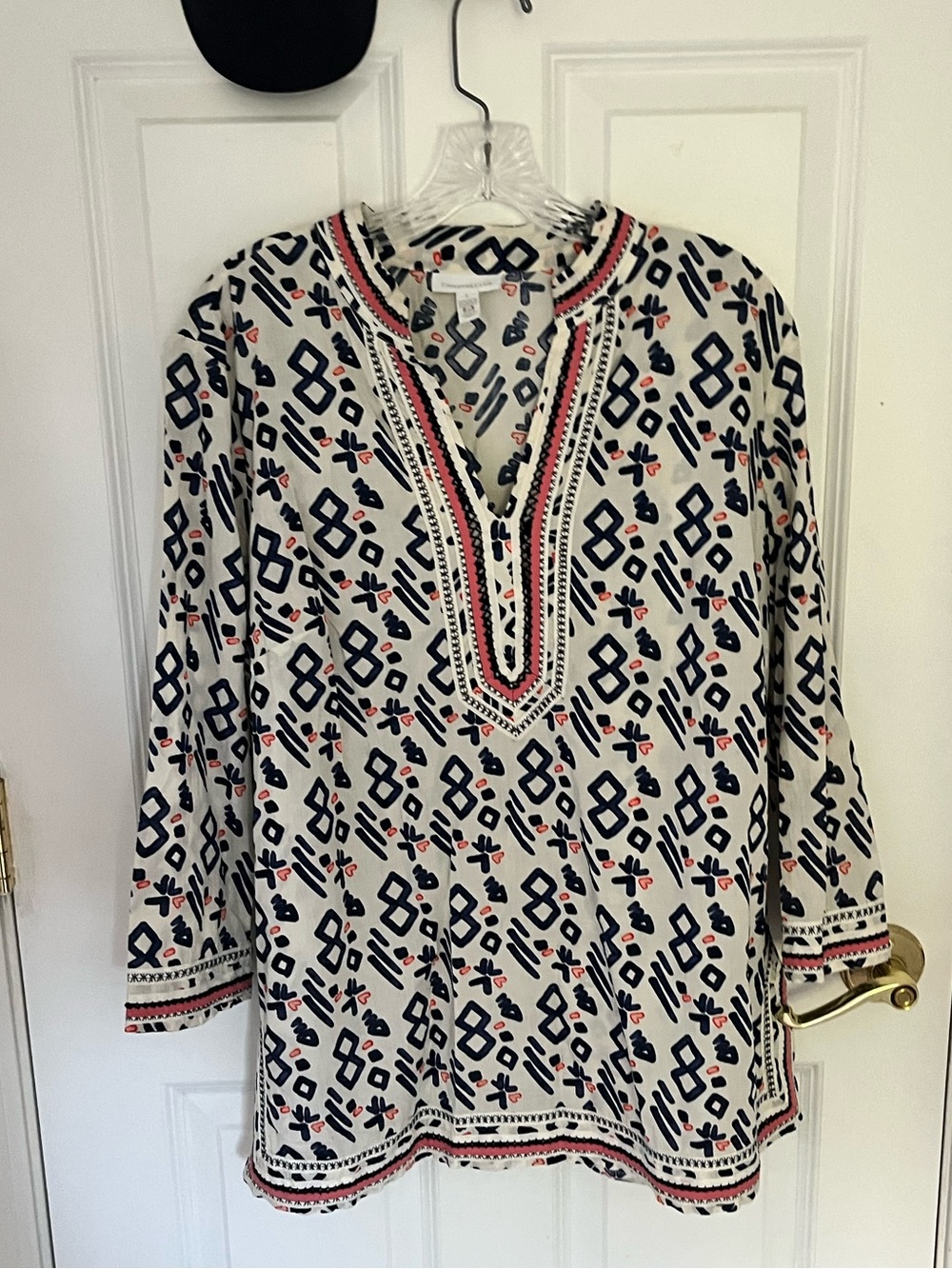 Charter Club Cream Tunic Coverup with Navy & Coral Embroidery